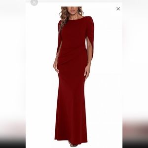 Betsy and Adam cape back burgundy gown